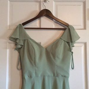 Mori Lee Sage Bridesmaid Dress (sleeves pulled up)